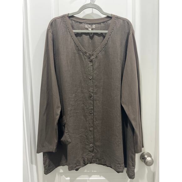 Flax Tops - FLAX Linen Long Sleeve Ash Brown Button Down Tunic Blouse Sz L